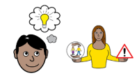 Illustration of benefits and risks - person having a lightbulb moment holding scales